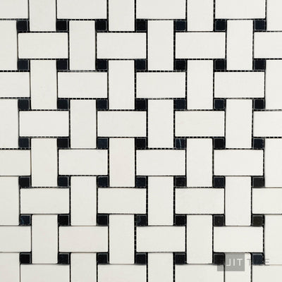 Thassos White Marble Basketweave W/ Black Dot Polished Mosaic
