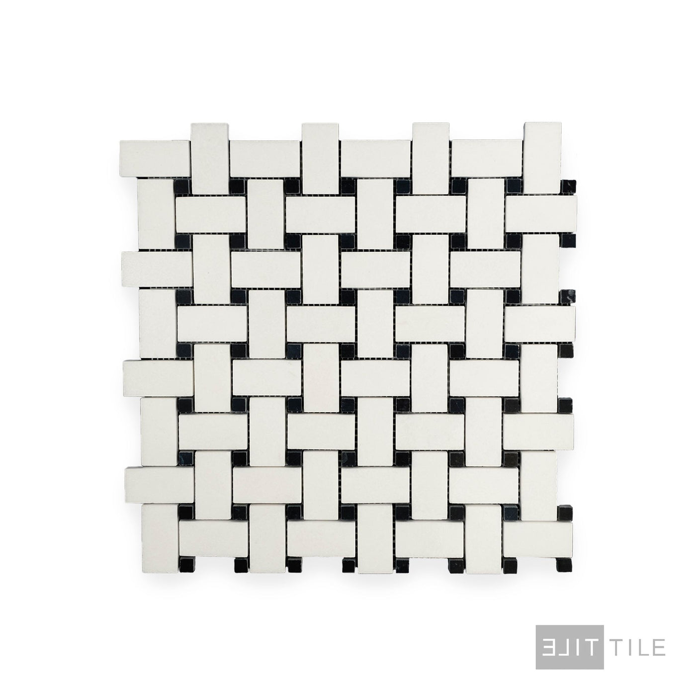 Thassos White Marble Basketweave W/ Black Dot Polished Mosaic