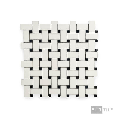 Thassos White Marble Basketweave W/ Black Dot Polished Mosaic
