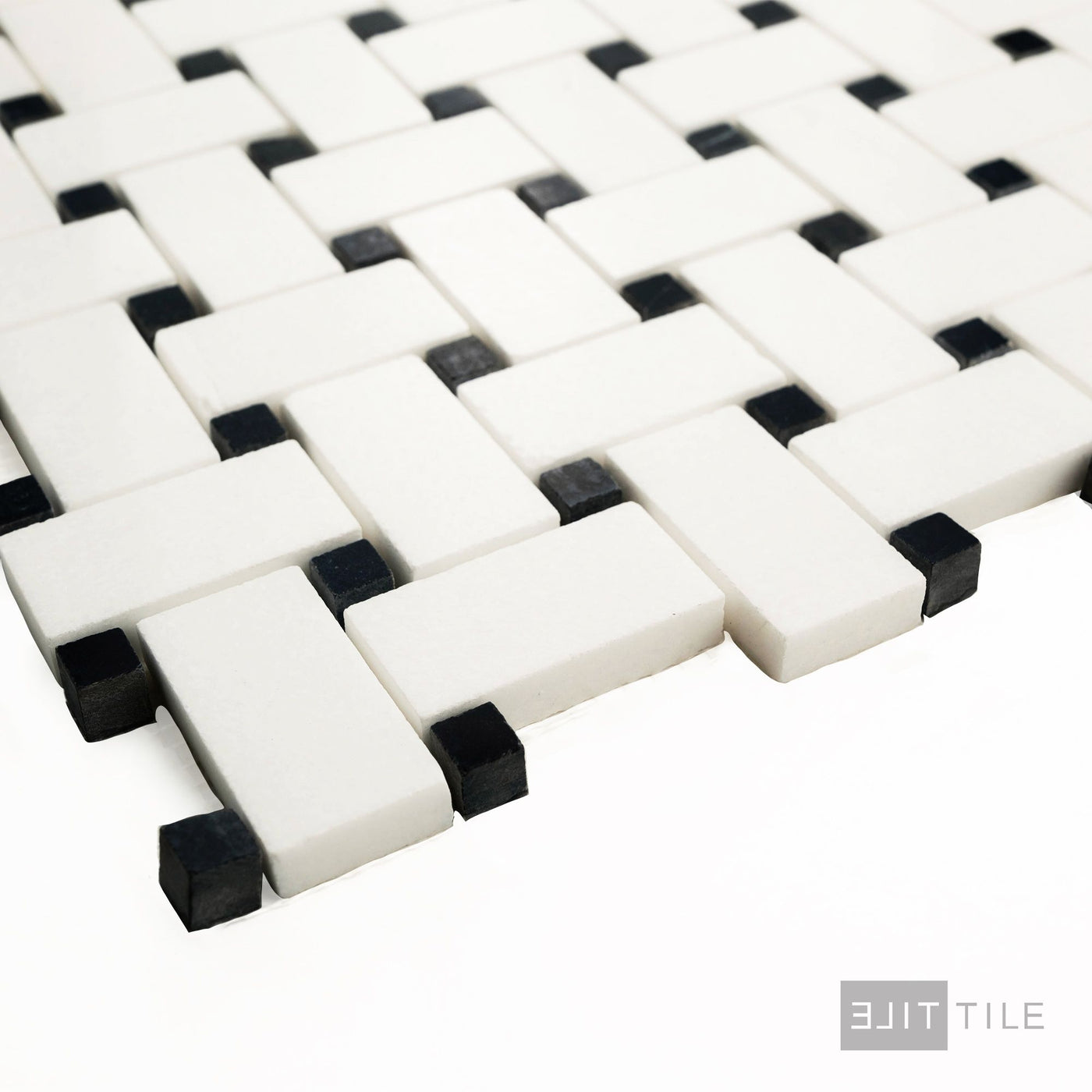 Thassos White Marble Basketweave W/ Black Dot Polished Mosaic