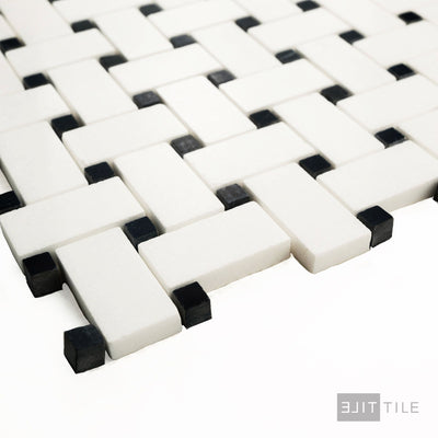 Thassos White Marble Basketweave W/ Black Dot Polished Mosaic