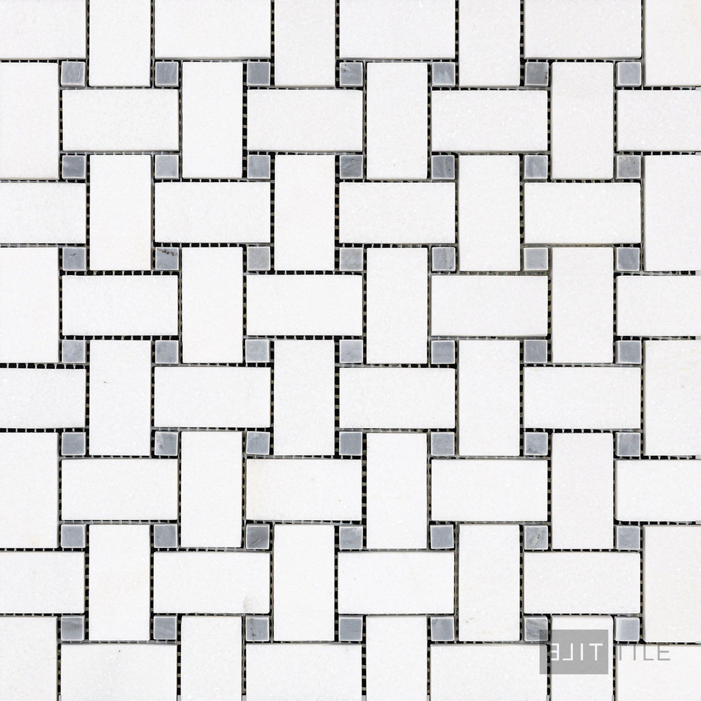 Thassos White Marble Basketweave W/ Blue Dot Honed Mosaic