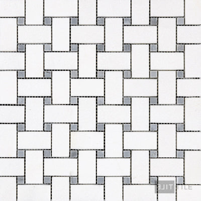 Thassos White Marble Basketweave W/ Blue Dot Honed Mosaic