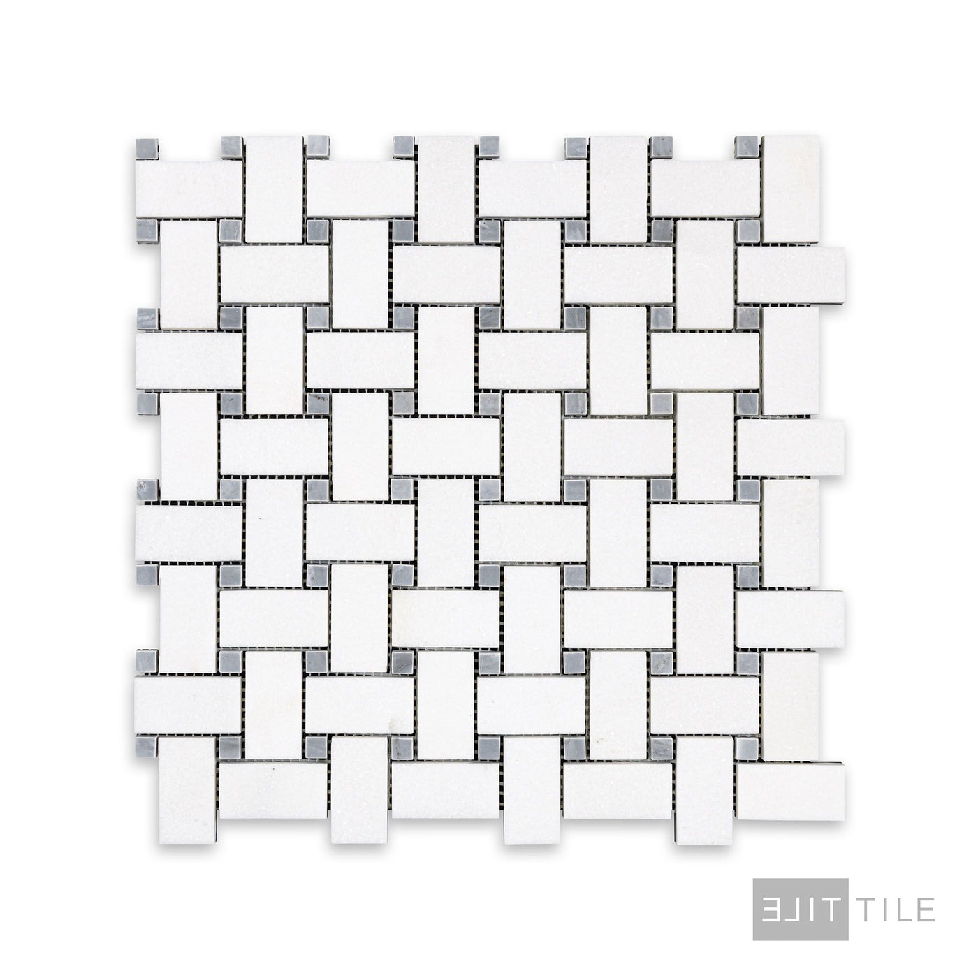 Thassos White Marble Basketweave W/ Blue Dot Honed Mosaic