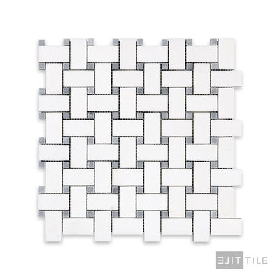 Thassos White Marble Basketweave W/ Blue Dot Honed Mosaic