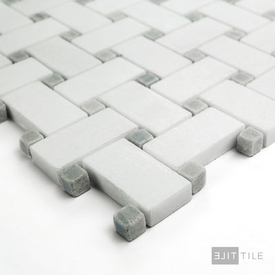 Thassos White Marble Basketweave W/ Blue Dot Honed Mosaic