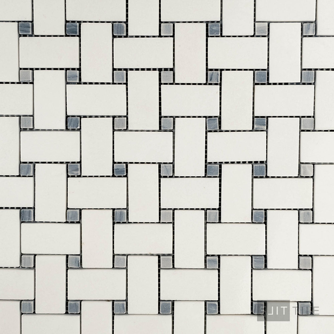 Thassos White Marble Basketweave W/ Blue Dot Polished Mosaic