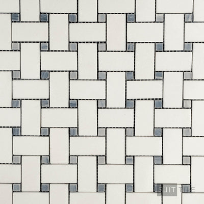Thassos White Marble Basketweave W/ Blue Dot Polished Mosaic