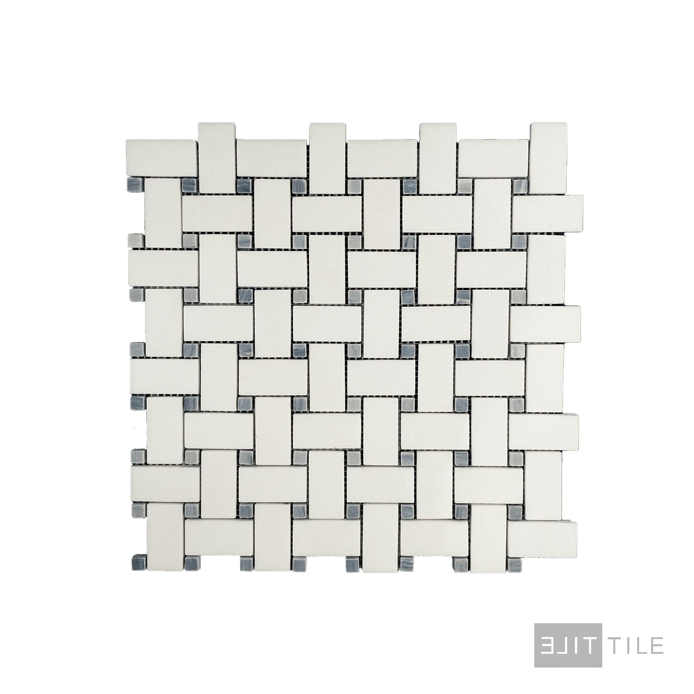 Thassos White Marble Basketweave W/ Blue Dot Polished Mosaic