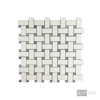 Thassos White Marble Basketweave W/ Blue Dot Polished Mosaic