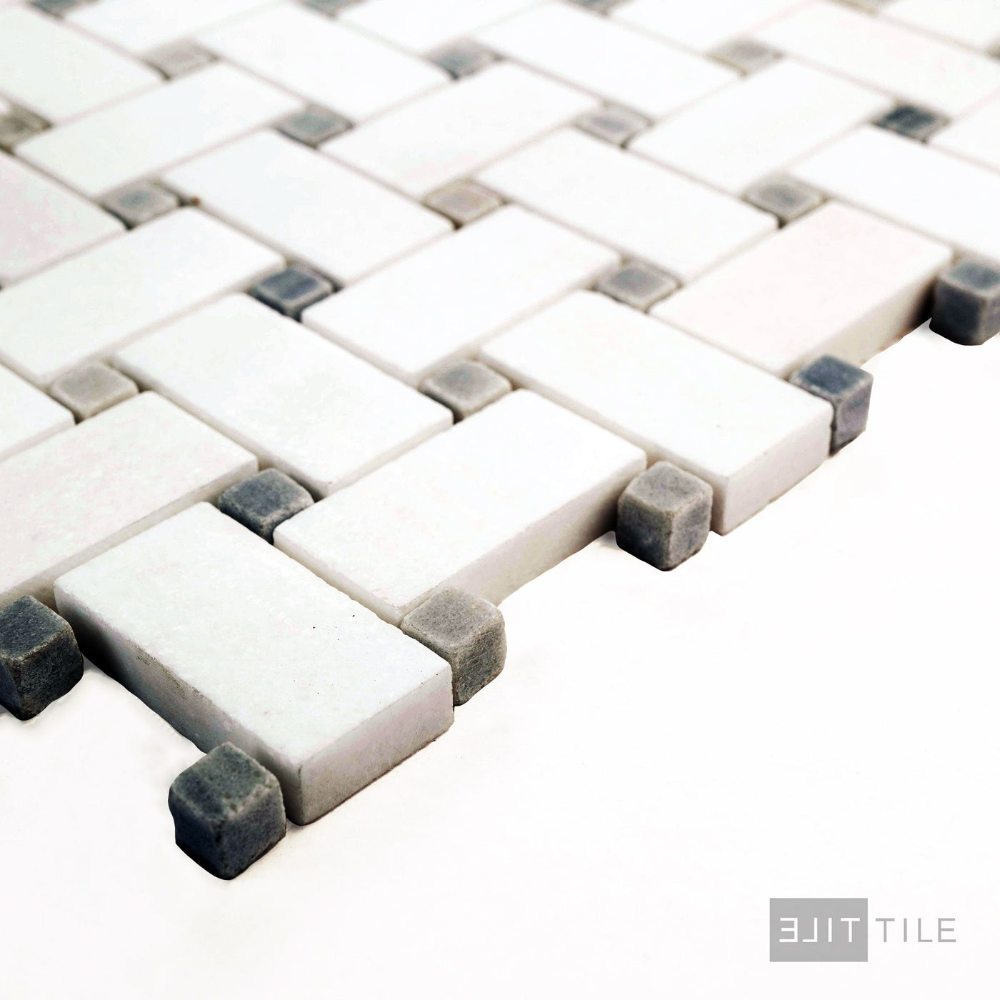 Thassos White Marble Basketweave W/ Blue Dot Polished Mosaic