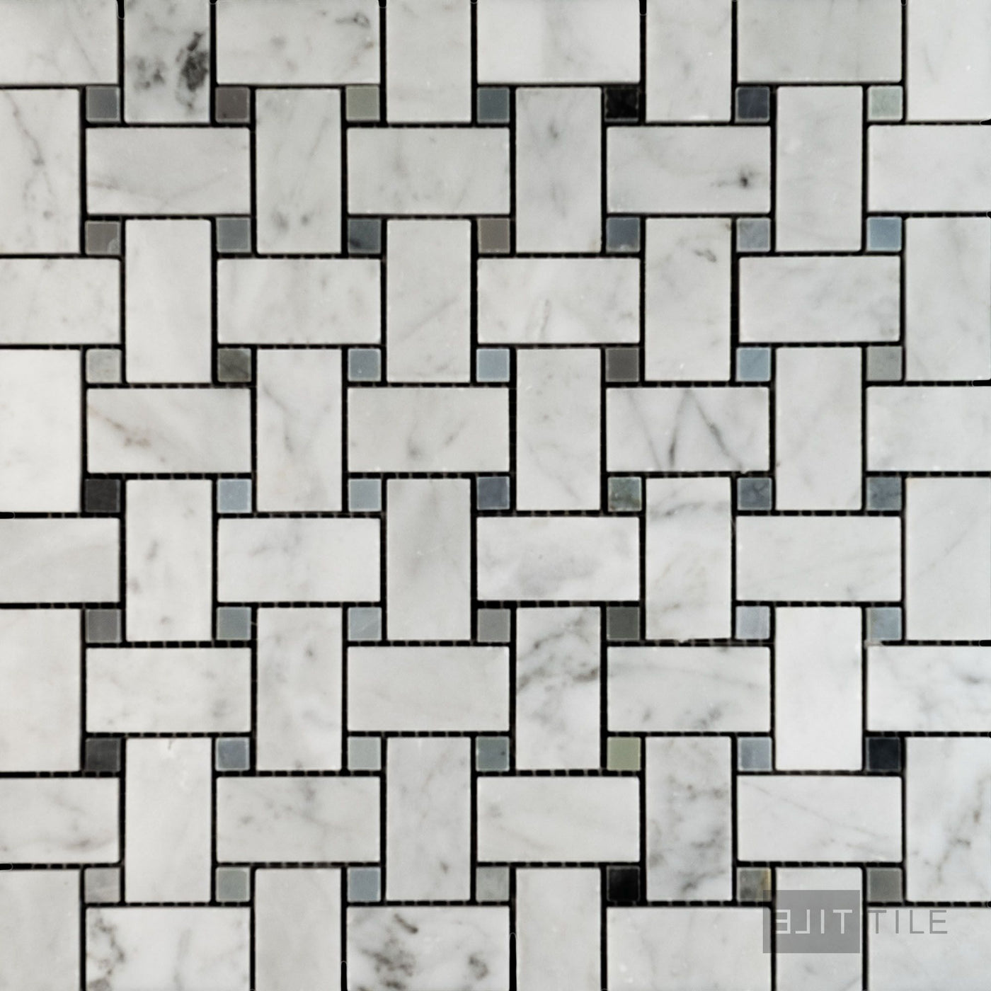 White Carrara Marble Basketweave W/ Blue Dot Polished Mosaic