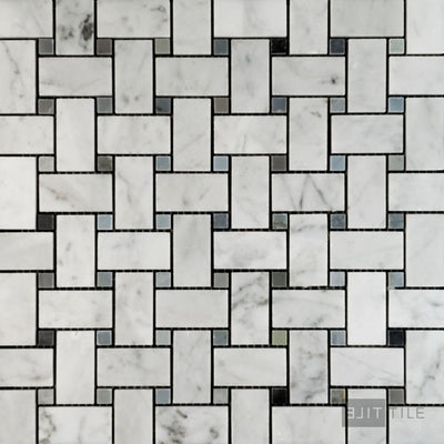 White Carrara Marble Basketweave W/ Blue Dot Polished Mosaic