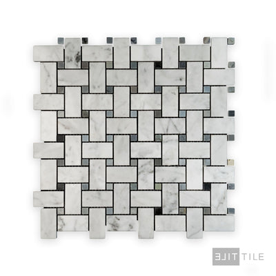 White Carrara Marble Basketweave W/ Blue Dot Polished Mosaic