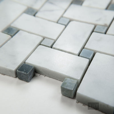 White Carrara Marble Basketweave W/ Blue Dot Polished Mosaic