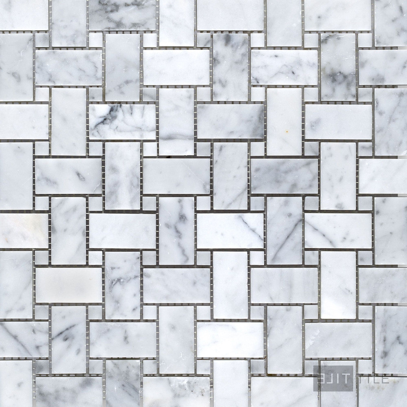 White Carrara Marble Basketweave W/ Blue Dot Honed Mosaic