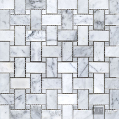 White Carrara Marble Basketweave W/ Blue Dot Honed Mosaic