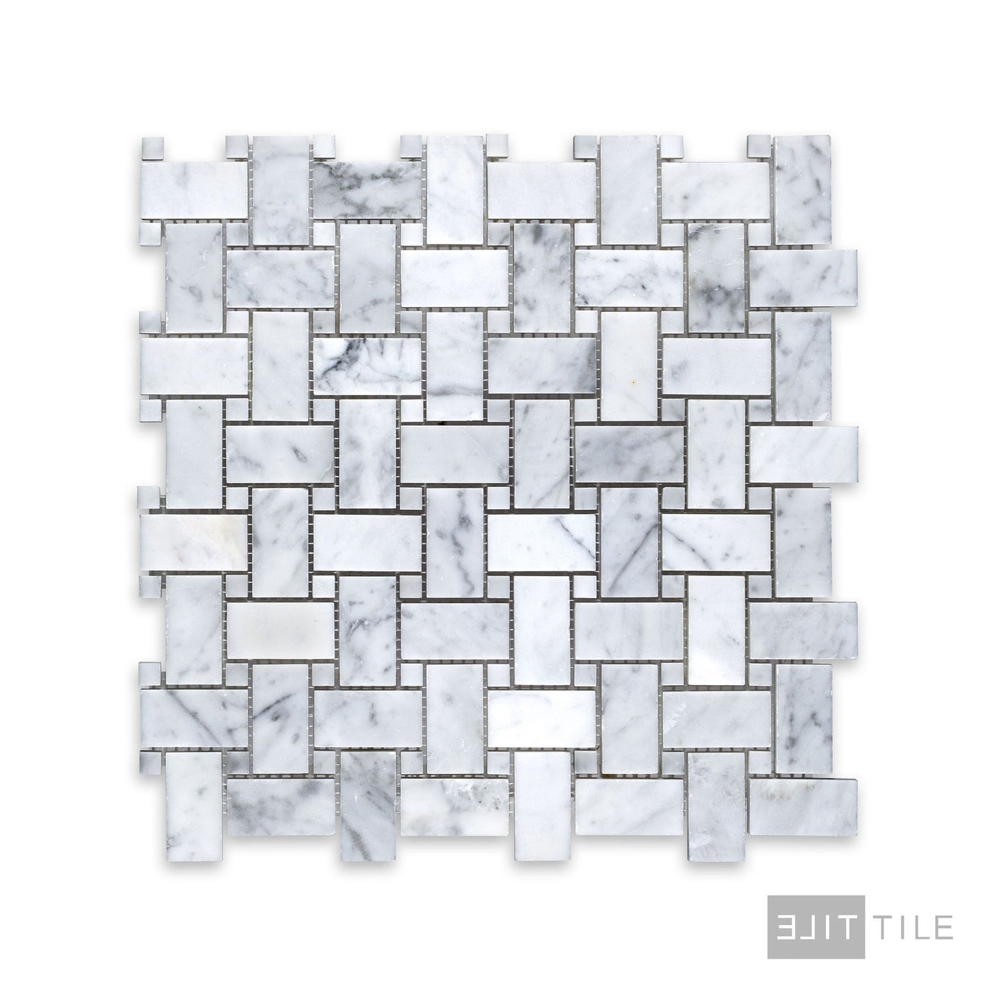 White Carrara Marble Basketweave W/ Blue Dot Honed Mosaic