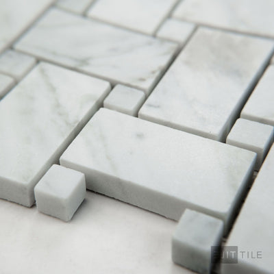 White Carrara Marble Basketweave W/ Blue Dot Honed Mosaic