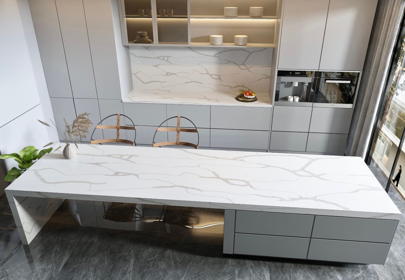 Quartz Prefab Countertop Right 9'X2' Calacatas White Polished