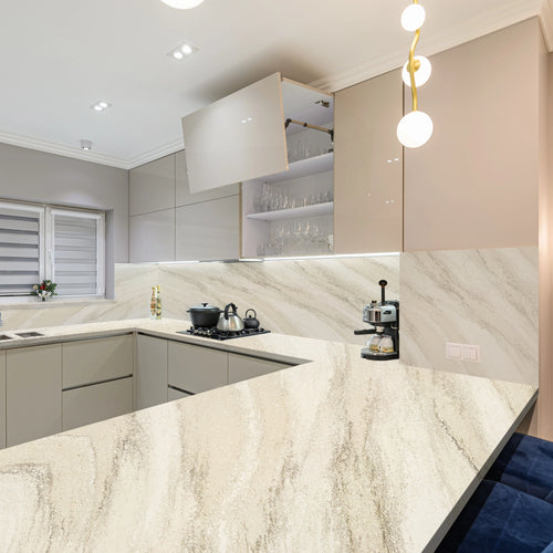 Quartz Prefab Countertop Right 9'X'2'  Travertine Gold Polished