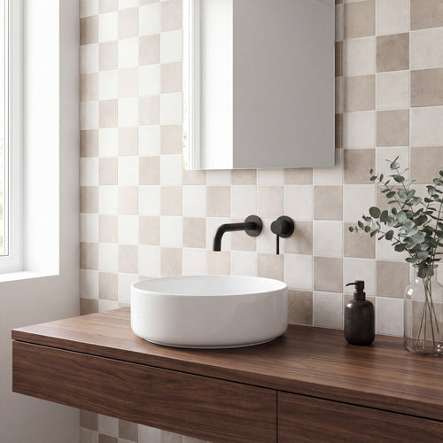 Stage 4x4 Checkerboard Matte Porcelain Tile in White and Taupe