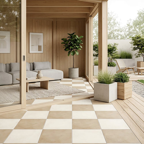 Amuri 24x24 Checkerboard Matte Porcelain Tile in Avorio and Biscotto