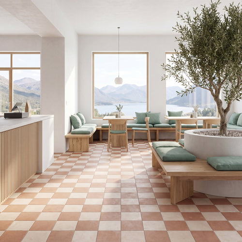 Amuri 8x8 Checkerboard Matte Porcelain Tile in Avorio and Cotto