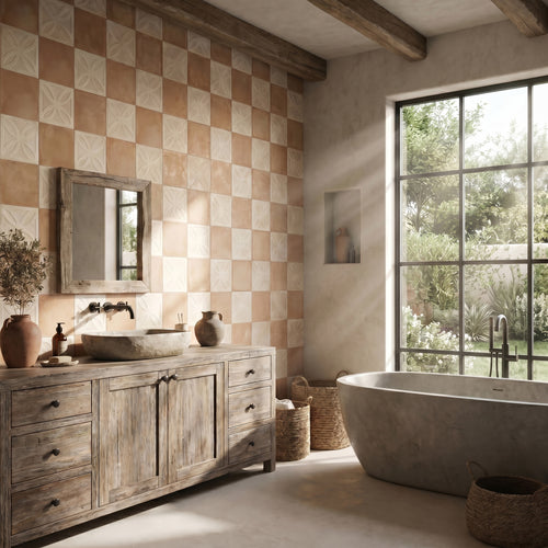 Amuri 8x8 Checkerboard Matte Porcelain Tile in Avorio Struttura 3D and Biscotto