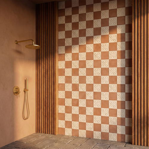 Amuri 8x8 Checkerboard Matte Porcelain Tile in Avorio Struttura 3D and Cotto