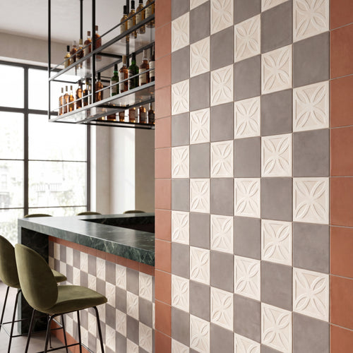 Amuri 8x8 Checkerboard Matte Porcelain Tile in Avorio Struttura 3D and Grigio