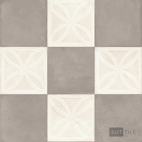 Amuri 8x8 Checkerboard Matte Porcelain Tile in Avorio Struttura 3D and Grigio