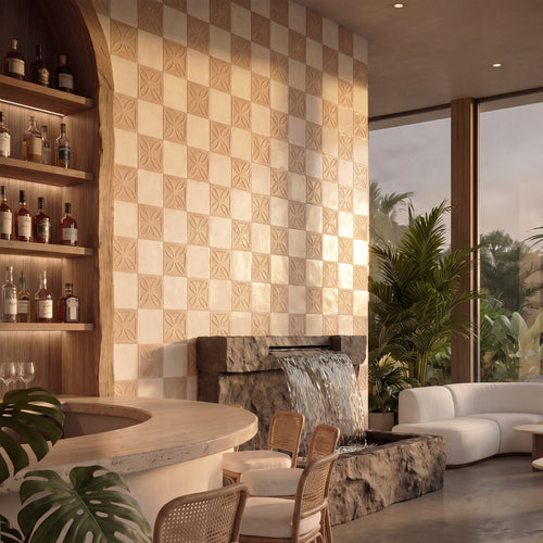 Amuri 8x8 Checkerboard Matte Porcelain Tile in Biscotto Struttura 3D and Avorio
