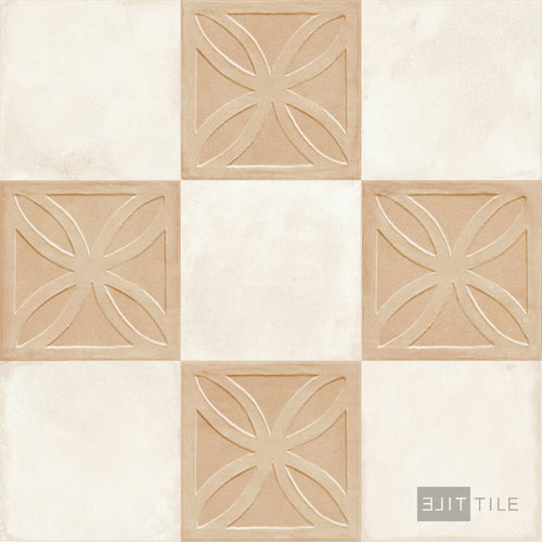 Amuri 8x8 Checkerboard Matte Porcelain Tile in Biscotto Struttura 3D and Avorio
