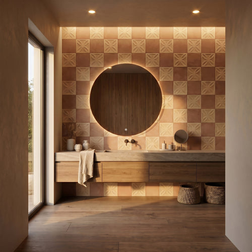 Amuri 8x8 Checkerboard Matte Porcelain Tile in Biscotto Struttura 3D and Cotto