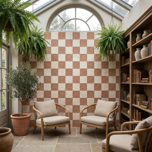 Amuri 8x8 Checkerboard Matte Porcelain Tile in Cotto Struttura 3D and Avorio