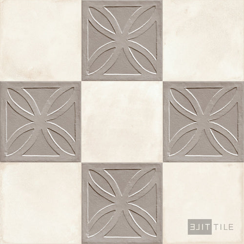 Amuri 8x8 Checkerboard Matte Porcelain Tile in Grigio Struttura 3D and Avorio