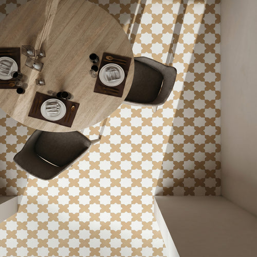 Kasbah Checkerboard Matte Porcelain Tile in 5x5 Fawn Cross and 6.5x6.5 Bone Star