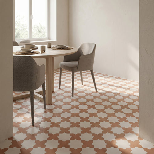 Kasbah Checkerboard Matte Porcelain Tile in 5x5 Terracotta Cross and 6.5x6.5 Bone Star