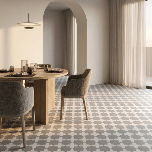 Kasbah Checkerboard Matte Porcelain Tile in 5x5 Bone Cross and 6.5x6.5 Smoke Star
