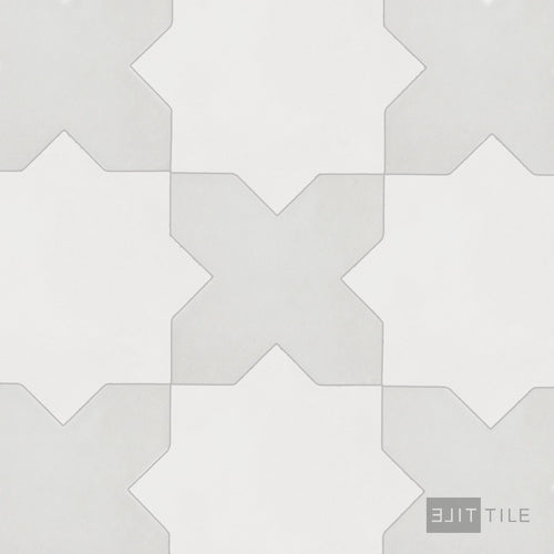Kasbah Checkerboard Matte Porcelain Tile in 5x5 Smoke Cross and 6.5x6.5 Bone Star