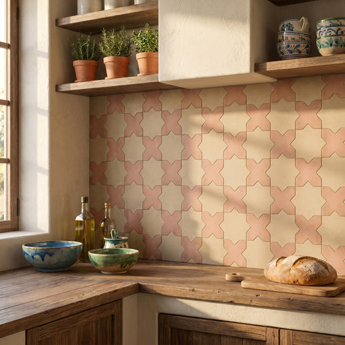 Kasbah Checkerboard Matte Porcelain Tile in 5x5 Terracotta Cross and 6.5x6.5 Fawn Star