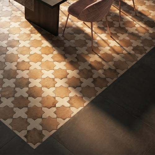 Amalfi 7x7 Checkerboard Matte Porcelain Tile in Bone Cross and Mud Star