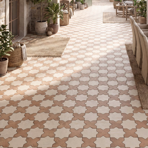 Amalfi 7x7 Checkerboard Matte Porcelain Tile in Terracotta Cross and Bone Star