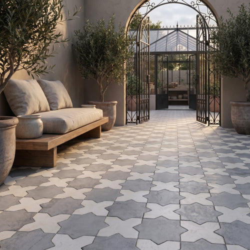 Amalfi 7x7 Checkerboard Matte Porcelain Tile in Bone Cross and Gray Star