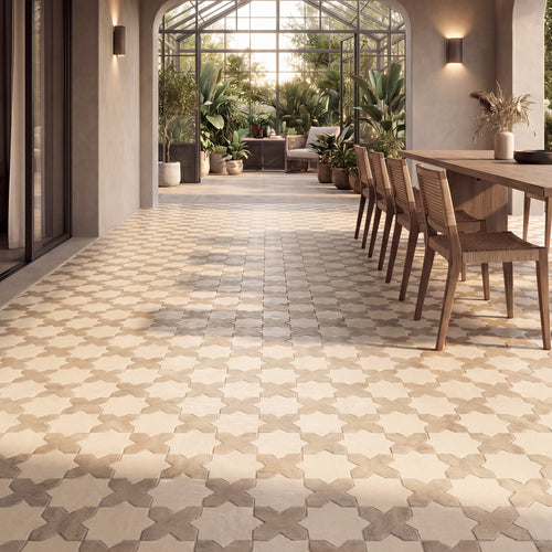 Amalfi 7x7 Checkerboard Matte Porcelain Tile in Gray Cross and Bone Star