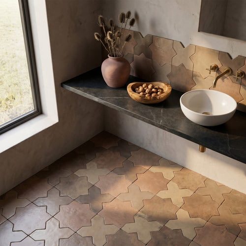 Amalfi 7x7 Checkerboard Matte Porcelain Tile in Mud Cross and Terracotta Star