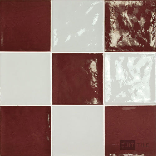 Village 5x5 Checkerboard Glossy Ceramic Tile in White and Aubergine