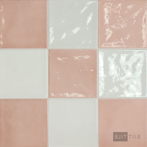 Village 5x5 Checkerboard Glossy Ceramic Tile in White and Rose Gold