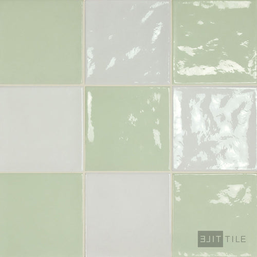 Village 5x5 Checkerboard Glossy Ceramic Tile in White and Mint